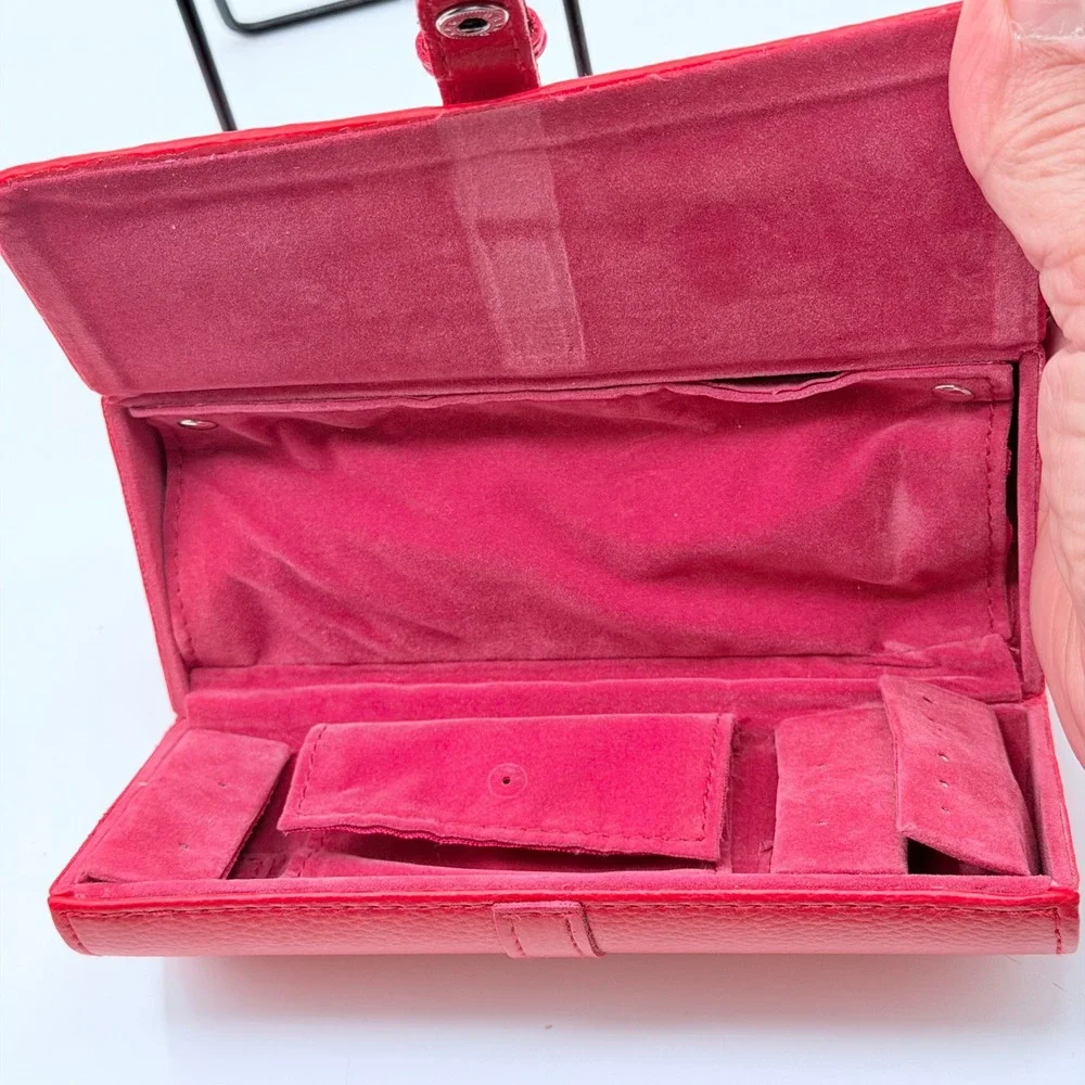 Red Faux Leather Jewely Roll Hard Shell Travel Organizer Case Velvet Interior